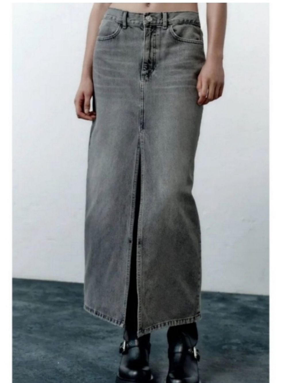 ZARA Grey Denim Maxi Skirt with Front Slit